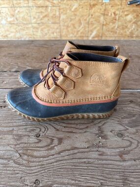 Sorel Kids Tan and Black Waterproof Duck Boots with Orange Trim